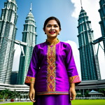 **

"A Malaysian woman wearing a baju kurung (traditional Malay dress) in vibrant colours, standing in front of the Petronas Twin Towers in Kuala Lumpur, fully clothed, appropriate attire, safe for work, perfect anatomy, natural proportions, professional photography, high quality."

**