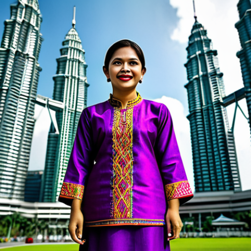 Home 11 **
"A Malaysian woman wearing a baju kurung (traditional Malay dress) in vibrant colours, standing in front of the Petronas Twin Towers in Kuala Lumpur, fully clothed, appropriate attire, safe for work, perfect anatomy, natural proportions, professional photography, high quality."
**
