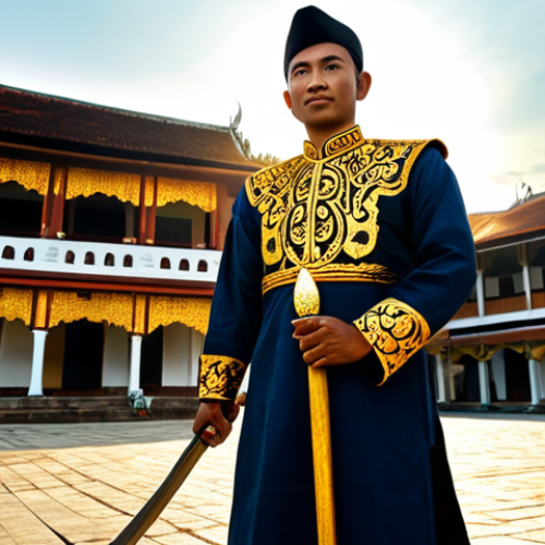 Home 6 **
"A skilled *Hikayat Hang Tuah* warrior, fully clothed in traditional Malay *busana*, stands proudly with a *keris* in hand against the backdrop of a historical Melaka palace. The setting sun casts a golden glow. Perfect anatomy, correct proportions, natural pose, well-formed hands, proper finger count. Safe for work, appropriate content, fully clothed, professional, family-friendly, high quality."
**